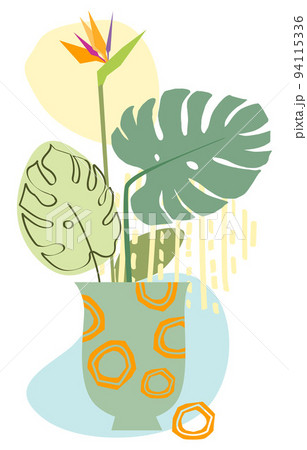 Abstract posters with vases. Trendy still life collage with pot, fruit, vase and tropical palm leaf 94115336