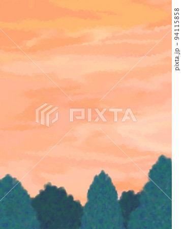 森 夕焼けの空 の背景イラスト素材 童画風 のイラスト素材