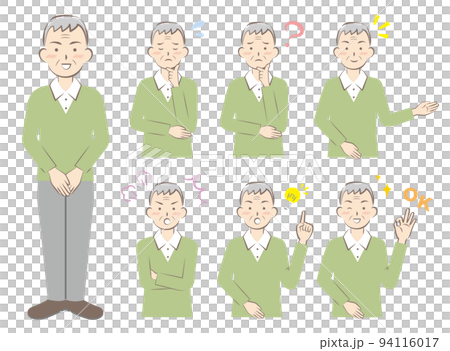様々な表情のカジュアルな服装の年配の男性 全身 上半身 様々な表情のカジュアルな服装の年配の男性 全身 上半身 94116017