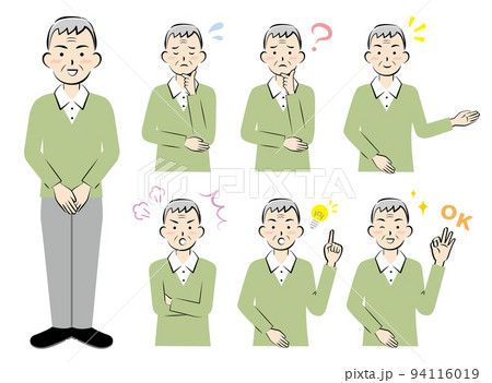 様々な表情のカジュアルな服装の年配の男性　全身　上半身 94116019