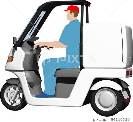 出前に使う白い宅配バイクのイラスト背景透明画像。運転手あり 出前に使う白い宅配バイクのイラスト背景透明画像。運転手あり 94116530
