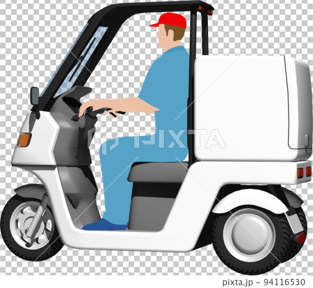 出前に使う白い宅配バイクのイラスト背景透明画像。運転手あり 出前に使う白い宅配バイクのイラスト背景透明画像。運転手あり 94116530