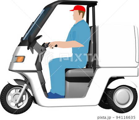 出前に使う白い三輪車の宅配バイクのイラスト背景透明画像。運転手あり 94116635