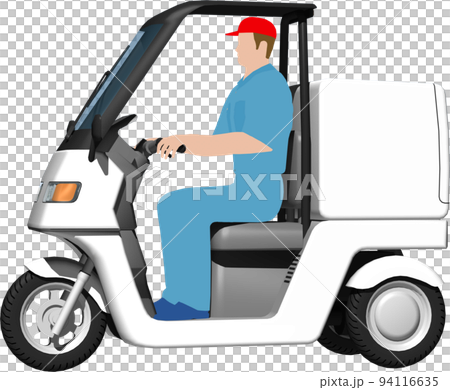 出前に使う白い三輪車の宅配バイクのイラスト背景透明画像。運転手あり 94116635