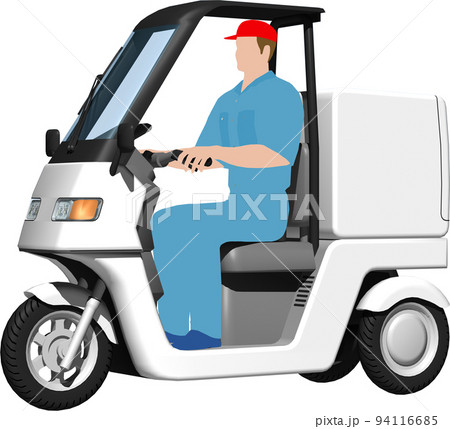 出前に使う白い三輪車の宅配バイクのイラスト背景透明画像。運転手あり 94116685