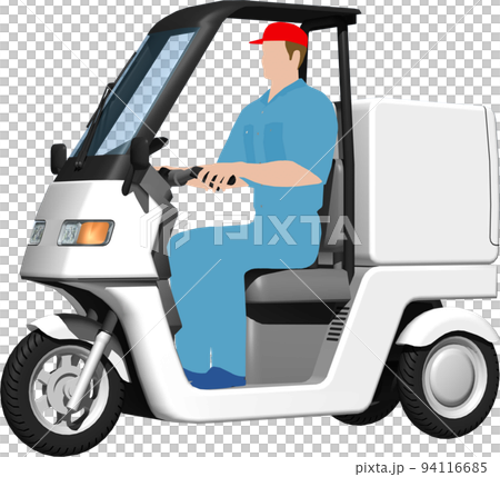 出前に使う白い三輪車の宅配バイクのイラスト背景透明画像。運転手あり 94116685