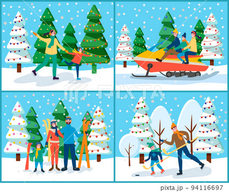 Family on Winter Holidays Set, Skiing and Skating Family on Winter Holidays Set, Skiing and Skating 94116697