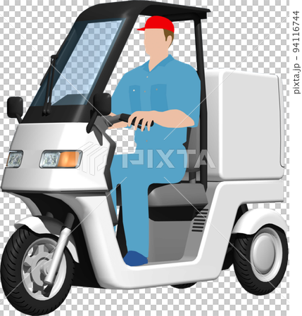 Illustration background transparent image of a white tricycle delivery bike used for delivery. with driver 94116744