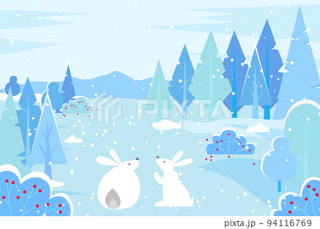 Hares Surrounded by Snowy Trees and Bushes Forest 94116769