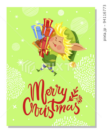 Winter Christmas Card Elf Holding Presents Vector 94116773