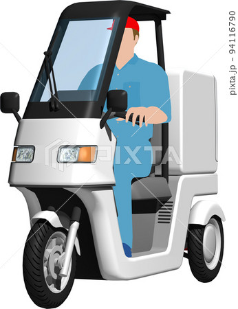 出前に使う白い三輪車の宅配バイクのイラスト背景透明画像。運転手あり 出前に使う白い三輪車の宅配バイクのイラスト背景透明画像。運転手あり 94116790