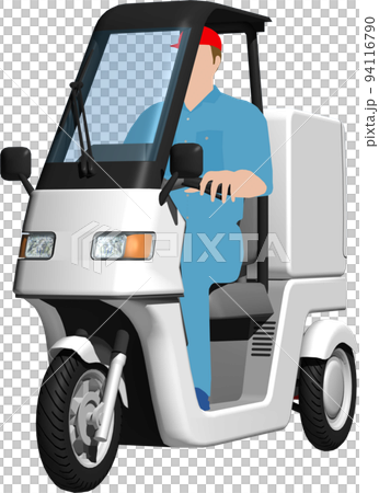 Illustration background transparent image of a white tricycle delivery bike used for delivery. with driver 94116790