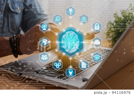 Casual Businessman Touching Mobile Phone Screen and Blue Hexagonal Fingerprint and Social Sign 94116976