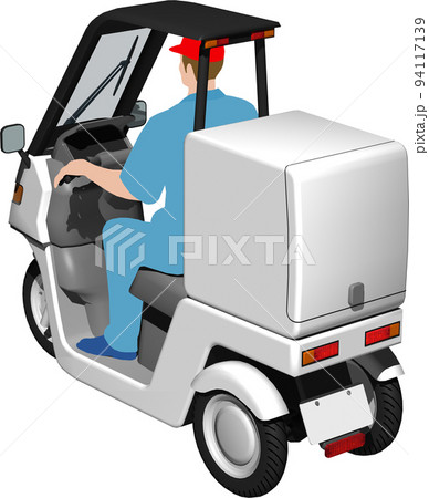 出前に使う白い三輪車の宅配バイクのイラスト背景透明画像。運転手あり 94117139