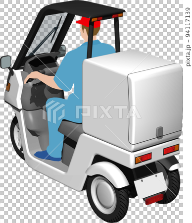 出前に使う白い三輪車の宅配バイクのイラスト背景透明画像。運転手あり 94117139
