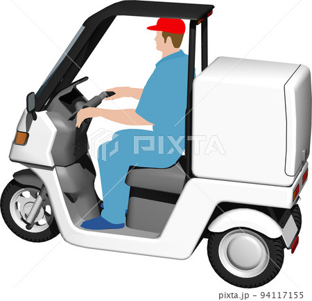 出前に使う白い三輪車の宅配バイクのイラスト背景透明画像。運転手あり 94117155