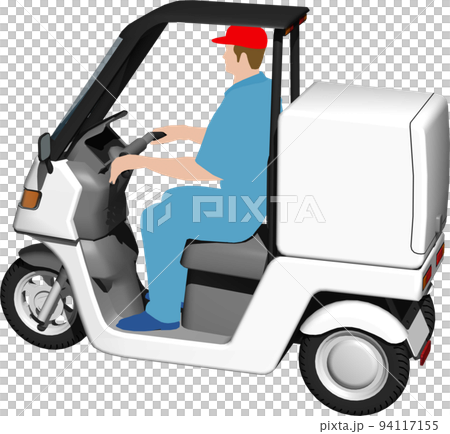 出前に使う白い三輪車の宅配バイクのイラスト背景透明画像。運転手あり 94117155