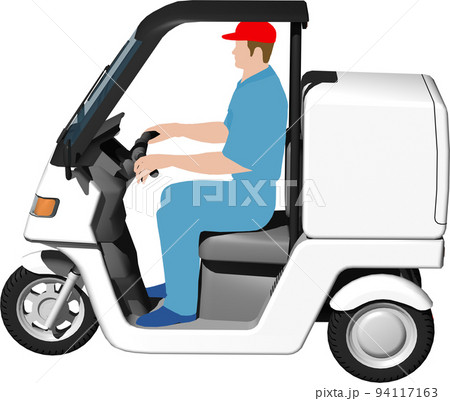 出前に使う白い三輪車の宅配バイクのイラスト背景透明画像。運転手あり 94117163
