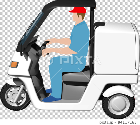 出前に使う白い三輪車の宅配バイクのイラスト背景透明画像。運転手あり 94117163