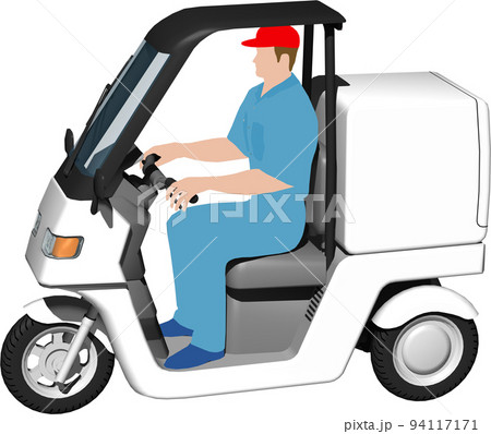 出前に使う白い三輪車の宅配バイクのイラスト背景透明画像。運転手あり 94117171
