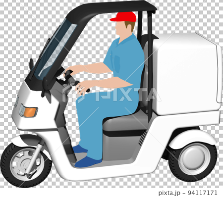 出前に使う白い三輪車の宅配バイクのイラスト背景透明画像。運転手あり 94117171