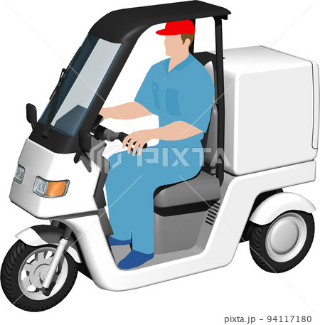出前に使う白い三輪車の宅配バイクのイラスト背景透明画像。運転手あり 94117180