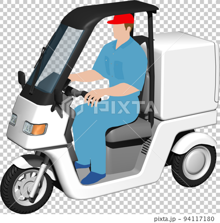 出前に使う白い三輪車の宅配バイクのイラスト背景透明画像。運転手あり 94117180