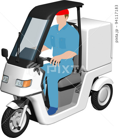 出前に使う白い三輪車の宅配バイクのイラスト背景透明画像。運転手あり 94117183
