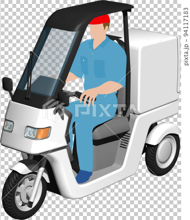 出前に使う白い三輪車の宅配バイクのイラスト背景透明画像。運転手あり 94117183