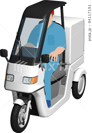 出前に使う白い三輪車の宅配バイクのイラスト背景透明画像。運転手あり 94117191