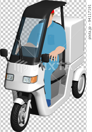 出前に使う白い三輪車の宅配バイクのイラスト背景透明画像。運転手あり 94117191