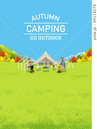 秋キャンプを楽しむ若い家族 - 縦構図　A4比率 　文字付き 94118279