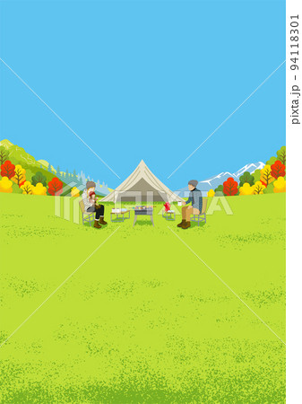 秋キャンプを楽しむ若い家族 - 縦構図　A4比率 94118301