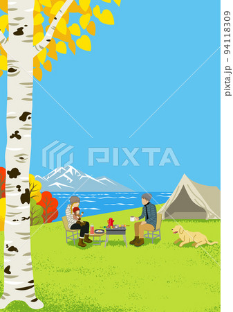秋キャンプを楽しむ若い家族と飼い犬 - 縦構図　A4比率 94118309