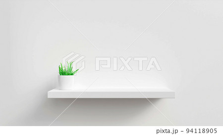 3D illustration. Empty white shop shelf, retail shelf with pot plant on white background. 94118905
