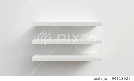 3D rendering. Empty white shop shelf, retail shelf on grey background. 94118922