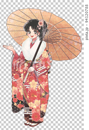 少女漫画風・和傘を持った振り袖姿の新成人の全身イラスト 94120788
