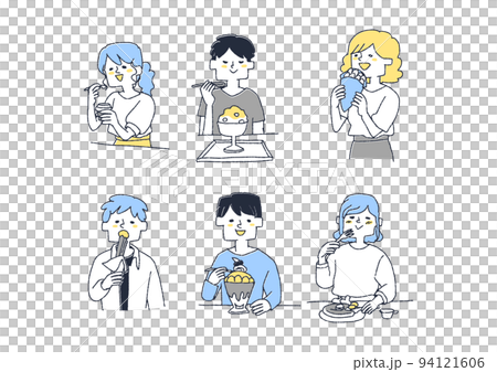 A set of people eating sweets deliciously A set of people eating sweets deliciously 94121606