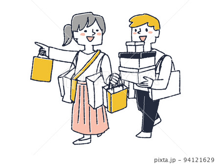 たくさん買い物をしている男女 オンラインや実店舗のセールで買い向かう人々 たくさん買い物をしている男女 オンラインや実店舗のセールで買い向かう人々 94121629