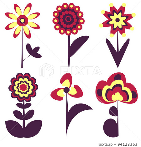 Flat flowers set, red yellow blue flowers 94123363