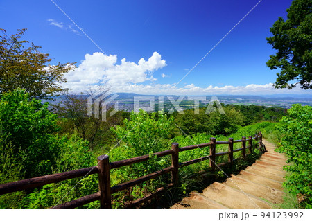 秋晴れの若草山解放感・登山道と平城京・生駒山方面 94123992