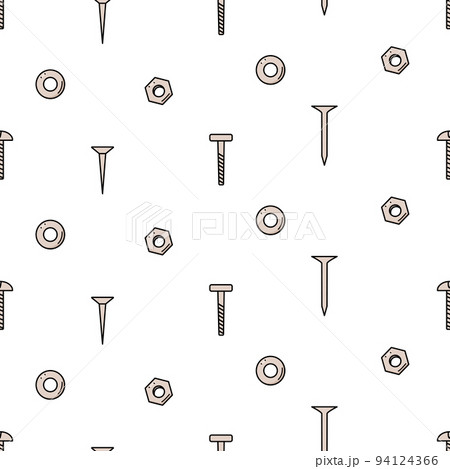 Seamless pattern nails screws and nuts washers, vector doodle set of building elements 94124366
