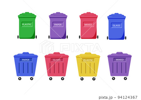 A set of colored garbage cans, a container for sorting waste, zero waste recycling, vector illustration A set of colored garbage cans, a container for sorting waste, zero waste recycling, vector illustration 94124367