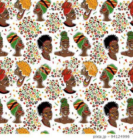 Kwanzaa African American pretty girls. Vector Illustration of Black Woman with glossy lips and turban. Seamless surface pattern isolated on white. 94124996