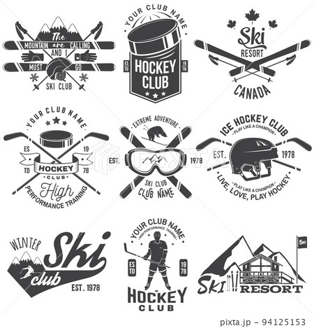 Ice Hockey, Ski and Snowboard Club emblem. Vector. Concept for shirt, print, stamp, badge. Vintage typography design with ice hockey player, snowboarder and skier silhouette. Winter sport. Ice Hockey, Ski and Snowboard Club emblem. Vector. Concept for shirt, print, stamp, badge. Vintage typography design with ice hockey player, snowboarder and skier silhouette. Winter sport. 94125153