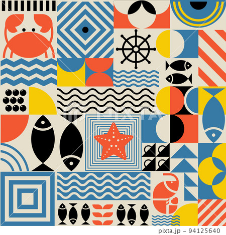 Bauhaus-style seamless pattern of seafood and abstract shapes, figures 94125640