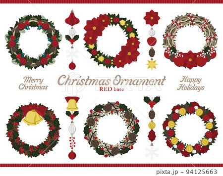 クリスマスリース＆飾りセット赤128のイラスト素材 [94125663] - PIXTA