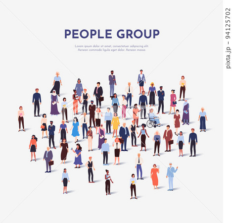 Many people crowd. Citizen group. A lot of persons. Large market. Business workers. International students silhouettes. Multiethnic population. Society diversity. Vector poster design 94125702