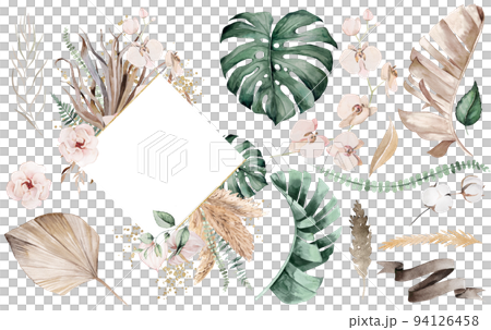 Wedding boho Watercolor frame with tropical leaves and flowers illustration and single elements 94126458