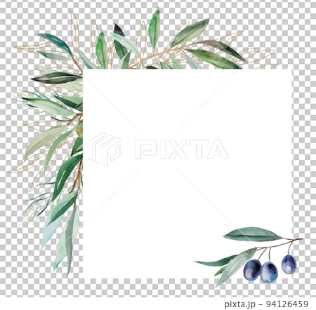 Geometric frame made of watercolor olive twigs with leaves and fruits, wedding illustration Geometric frame made of watercolor olive twigs with leaves and fruits, wedding illustration 94126459